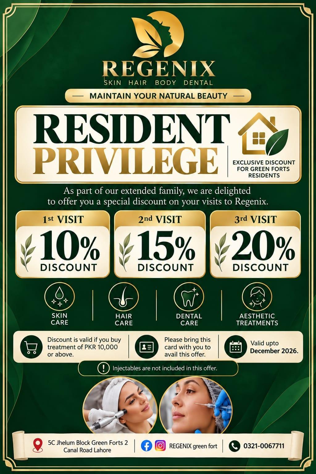 Regenix Green Forts resident privilege card: 10%, 15% and 20% discounts, terms apply